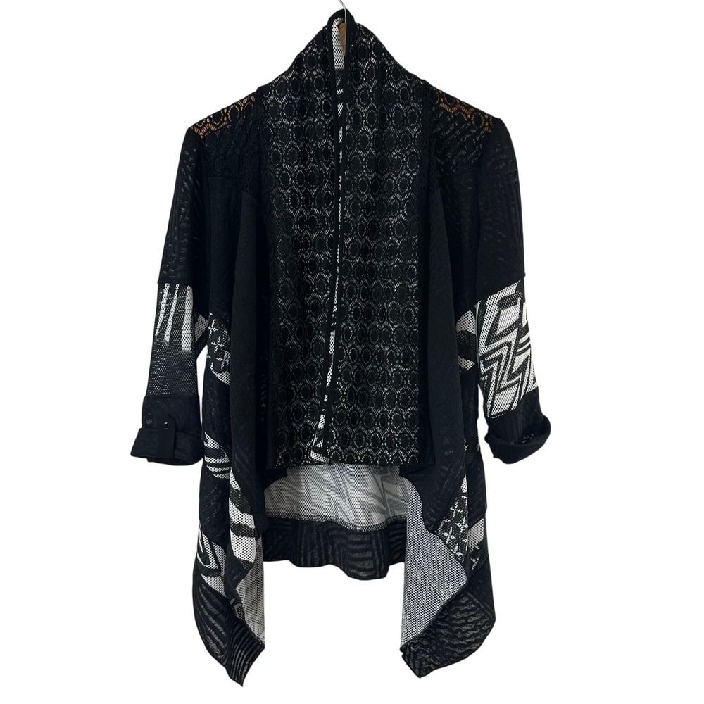 Kona Leah Couture Womens Medium Black White‎ Geometric Mesh Lace Open Cardigan